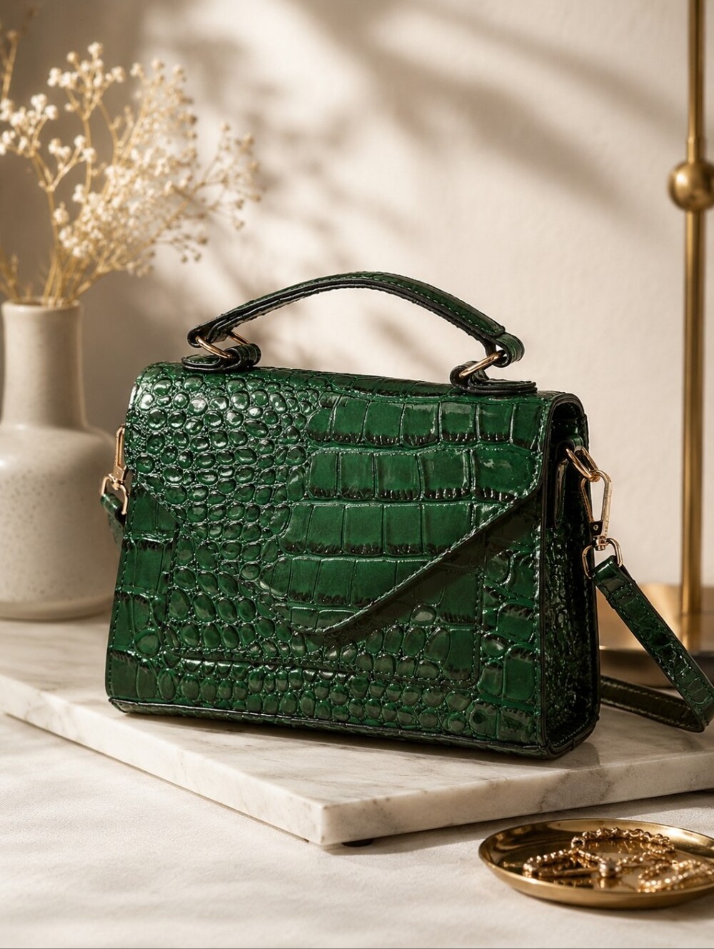Green Croc-Embossed Top Handle Bag - Elegant Women’s Handbag